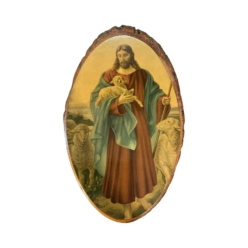 Vintage The Good Shepherd Jesus Christ Wood Slice Wall Plaque Rustic Bark Edge